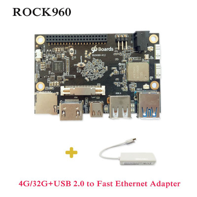 SmartFly info ROCK960 Board, Smallest RK3399 Solution 96Boards 4GB LPDDR3 @ 1866MHz HDMI 2.0 up to 4K, Support AOSP & Linux, Ship USB 2.0 to Fast Ethernet Adapter