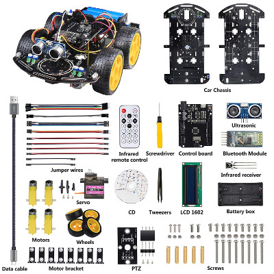 Jun_Electron Toy Car UNO Project Robot Kit for Arduino Starter, Robotics Toy for Teens, UNO R3 Control line Tracking, Obstacle Avoidance, Ultrasonic Sensors 