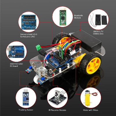 OSOYOO 2WD Robot Car Starter Kit with UNO R3, with Tutorial DVD, Line Tracking Sensors, Bluetooth Module and IR Modules, Toy for Arduino DIY Learner 