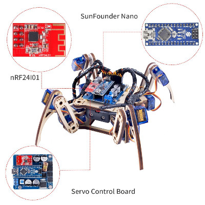 SunFounder Remote Control Crawling Quadruped Robot Model V2.0 DIY Wooden Kit for Arduino Nano Servo Motor