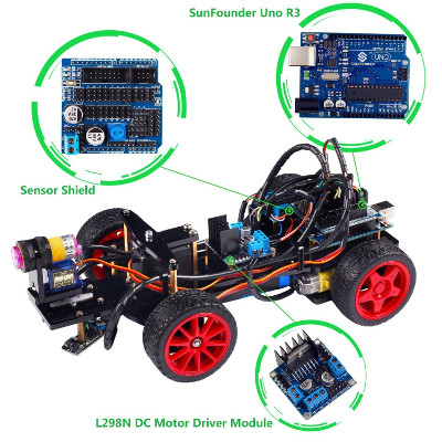 
SunFounder Smart Car Kit for Arduino with Uno R3, Obstacle Avoiding, Line Tracing and Light Seeking